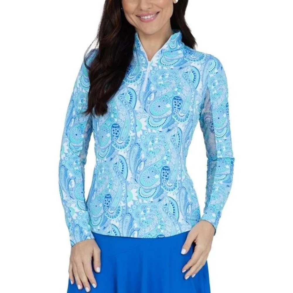 IBKUL Gloria Print Top XS Blue Paisley UPF 50+ Long Sleeve Mock Neck Quarter Zip